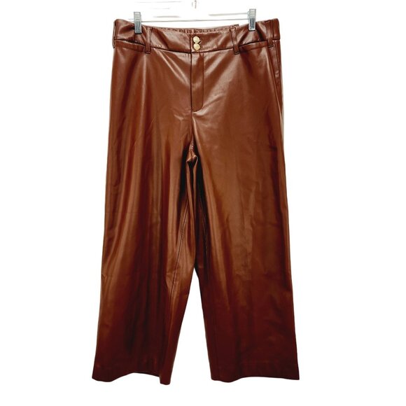 Chicos Pants Womens Brown Fly Front Faux Leather Wide-Leg crop Size 10 - Picture 1 of 15